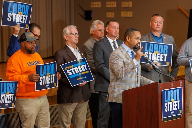 State Sen. Sharif Street accepts endorsement of labor leader at the Sheet Metal Workers Local 19 Union Hall, Wednesday, October 15, 2025. He is running for the office currently held by the retiring U.S. Rep. Dwight Evans.