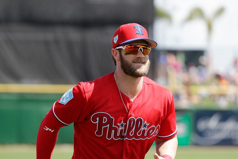 Phillies right fielder Bryce Harper on the field before the Phillies played the Toronto Blue Jays in a spring training game on Friday, March 15, 2019 at Spectrum Field in Clearwater, FL.
