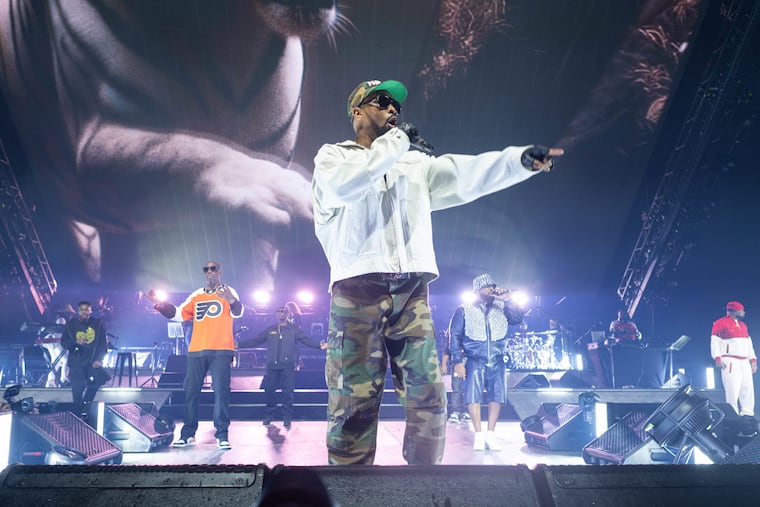 Wu-Tang Clan member RZA speaks to the audience during the hip hop group’s final performance of their farewell tour, “Wu-Tang Forever: The Final Chamber,” at the Wells Fargo Center in Philadelphia on Friday, July 18, 2025.