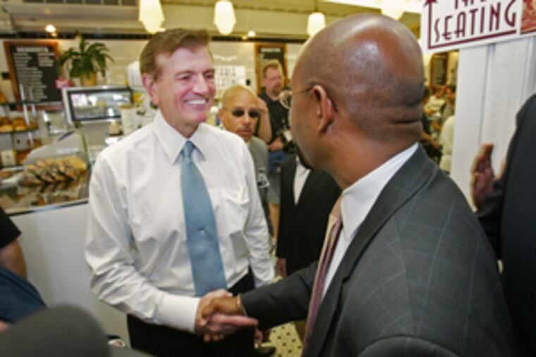If Tom Knox (left, with Michael Nutter on Election Day) had won the nomination, state Sen. Anthony Williams says, the city's campaign-finance law would be in danger. But now that we've seen "that money influences, but doesn't necessarily buy elections, the measure is probably going to get a lot more favorable treatment," Williams predicts.
