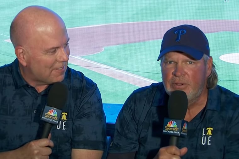 Phillies announcer John Kruk (right) alongside Tom McCarthy during a 2025 spring training game against the Baltimore Orioles.