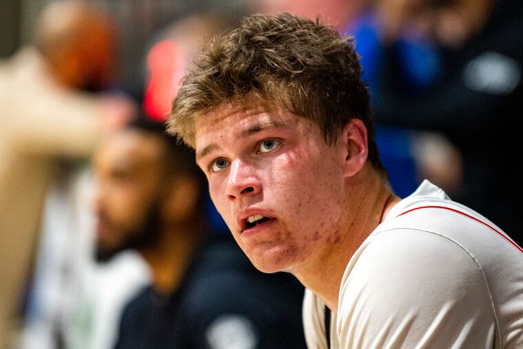 Michael Walz rests on the bench during a timeout in his Donofrio Classic game in Conshohocken Apr. 12, 2022.