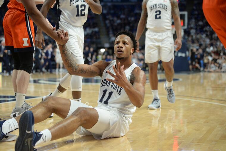 Penn State's Lamar Stevens (11) looks for a call after colliding with an Illinois player during the first half of an NCAA college basketball game Tuesday, Feb. 18, 2020, in State College, Pa.