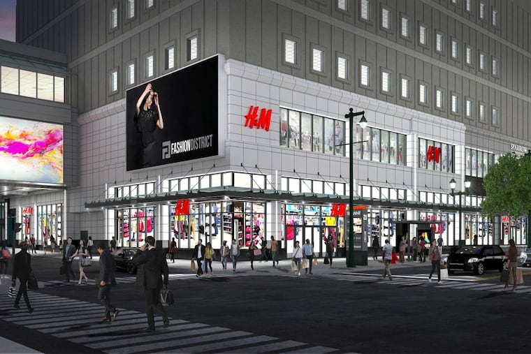 Artist's rendering of entrance to H&M store at the Fashion District Philadelphia mall being developed in Center City.