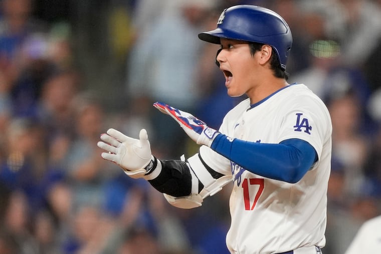 Dodgers designated hitter Shohei Ohtani celebrating a two-run homer against the Arizona Diamondbacks on July 2.