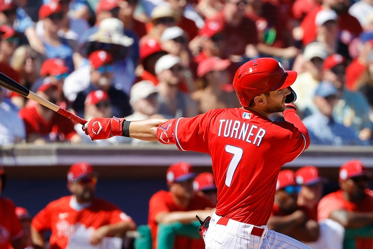 Trea Turner hits a first-inning single during a spring training game against the Minnesota Twins last month.