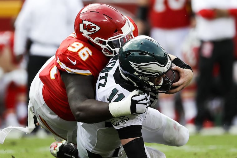 Carson Wentz has been sacked eight times this season. Only Cleveland’s DeShone Kizer (nine times) has been sacked more often.