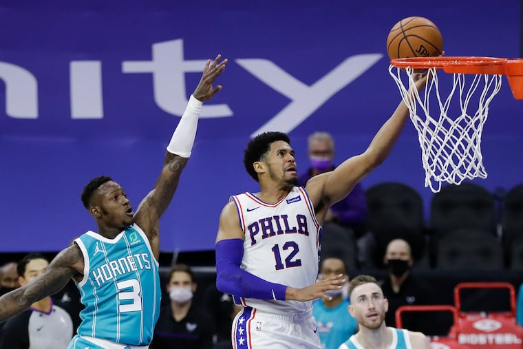 Sixers forward Tobias Harris (12) has played well while on the floor with Joel Embiid.