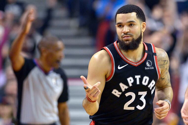 Raptors guard Fred VanVleet (23) reacts after hitting a three-pointer during the second half.