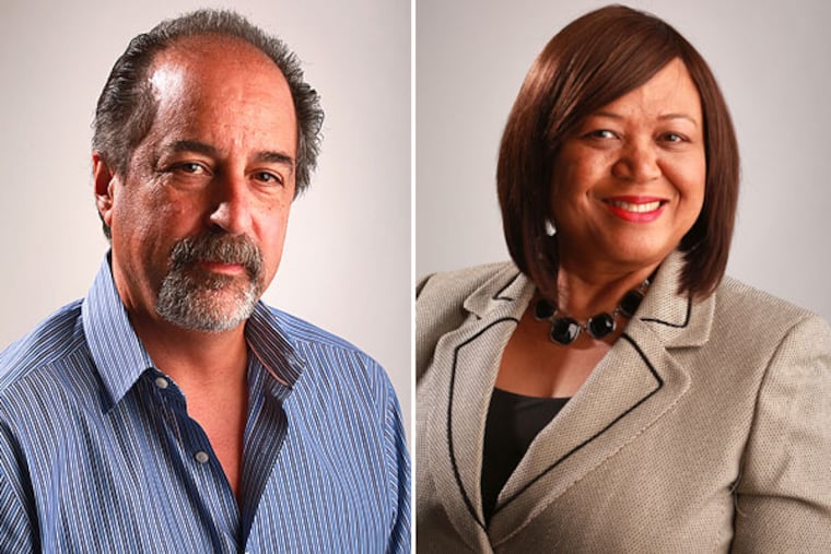 Sandy Clark (right) will become Managing Editor, Features/Operations/Digital overseeing the features department, the copy desk, news desk, graphics, photo and Inquirer.com. Gabe Escobar (left) will become Managing Editor, News/Digital overseeing the Metro desk, business news, health and science, the investigative team, and he will work closely with those teams responsible for further developing the company's digital strategy. (David Swanson / Staff Photographer)