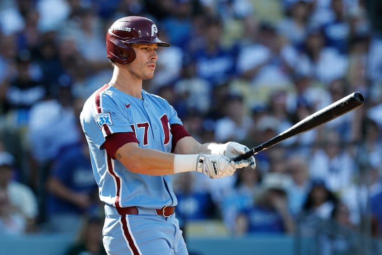 Phillies Max Kepler at bat against the Los Angeles Dodgers during Game 4 of the NLDS on Oct. 9, 2025 in Los Angeles.