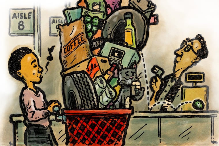 An illustration of a shopper stacking his cart high with coffee, alcohol, toilet paper, and other products Philadelphia-area consumers panic purchased to get ahead of sweeping tariffs announced by President Donald Trump.