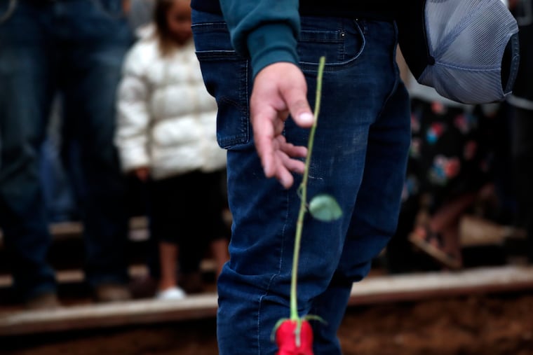 A mourner drops a red rose into a freshly dug grave at the cemetery in Colonia Le Baron, Mexico, Friday, Nov. 8, 2019, during the burial service for Rhonita Miller and four of her young children who were murdered by drug cartel gunmen. The bodies of Miller and four of her children were taken in a convoy of pickup trucks and SUVS, on the same dirt-and-rock mountainous road where they were killed Monday, for burial in the community of Colonia Le Baron in Chihuahua state.