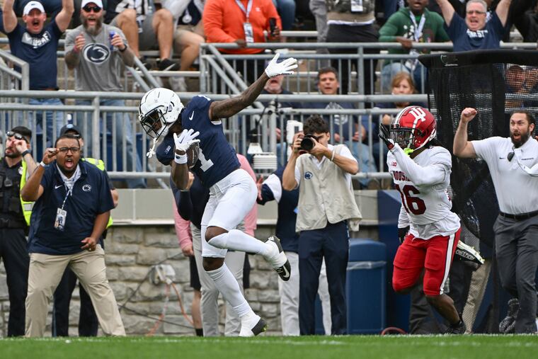 Penn State wide receiver KeAndre Lambert-Smith (1) hauls in a 57-yard touchdown reception in the second half Saturday.