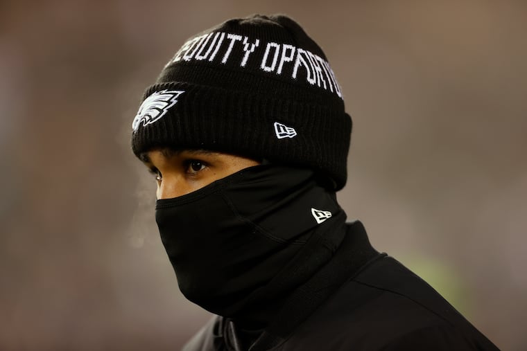 Philadelphia Eagles quarterback Jalen Hurts (1) walking on to the field before the game against the Dallas Cowboys Saturday, January 8, 2022 at Lincoln Financial Field in Philadelphia, Pa. Jalen Hurts sits out against the Cowboys, as the Eagles are resting most of their starters