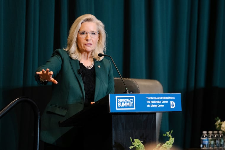 In this image provided by Dartmouth, former Rep. Liz Cheney speaks at Dartmouth in Hanover, N.H., Friday. On a mission to keep former President Donald Trump from returning to the White House, Cheney is urging New Hampshire voters to use their upcoming presidential primary to send a message to the world.