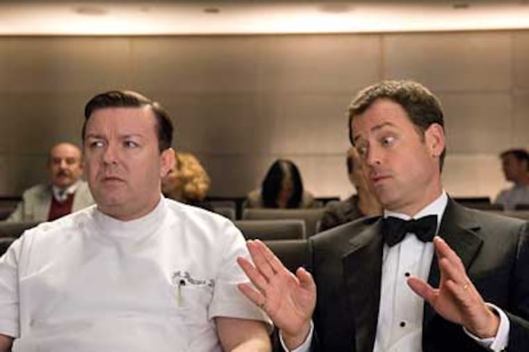 Ricky Gervais (left), plays Bertram Pincus, a socially awkward dentist, and Greg Kinnear (right), plays the ghost Frank Herlihy, in the comedy “Ghost Town.” (Sarah Shatz)