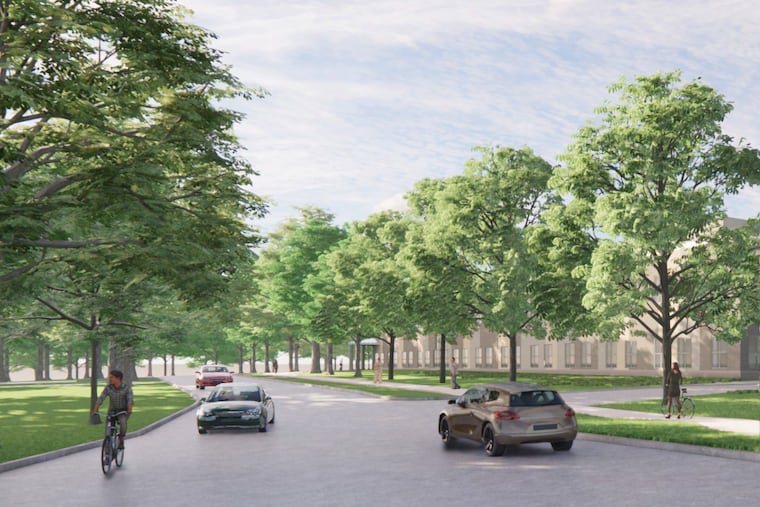 A rendering of what the new health center would look like, screened by trees, from the entrance to the Friends Hospital campus on Roosevelt Boulevard.