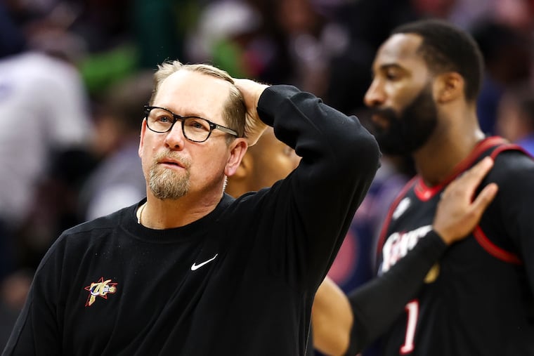 Philadelphia 76ers head coach Nick Nurse reacts during Game 4 of the first-round playoff series against the Boston Celtics at Xfinity Mobile Arena on April 26.