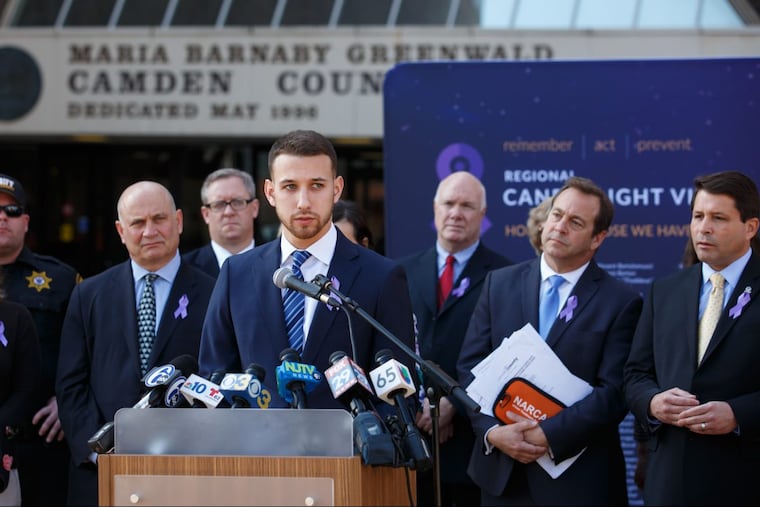 Justin Wroblewski, Former student athlete now in recovery from opiod additiction, speaks at a press conference to announce that Camden County is suing those responsible for the manufacturing and distribution of opioids, stating that they share responsibility for the epidemic gripping the nation, at the Camden County Courthouse, in Camden, New Jersey, Wednesday, Feb. 21, 2018. JESSICA GRIFFIN / Staff Photographer