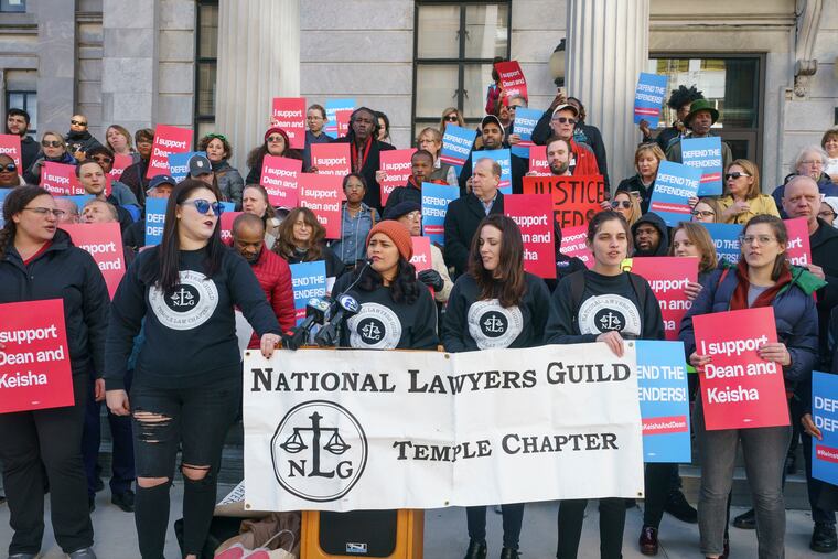 File photo: Danielle Kwock Phillips, at the podium, Temple Law NLG, Decarcerate PA and The Judges Accountability Table, speaks to protestors gathered on the steps of the Montgomery County courthouse about the recent firings of top public defenders Dean Beer and Keisha Hudson, at the same time as the Montgomery County Commissioners meeting takes place across the street, in Norristown, PA, March 5, 2020.