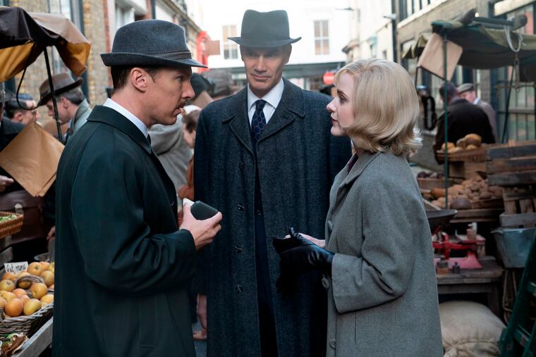 This image released by Roadside Attractions shows Benedict Cumberbatch, from left, Angus Wright and Rachel Brosnahan in a scene from "The Courier." (Liam Daniel/Roadside Attractions via AP)