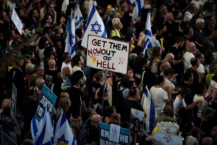 Demonstrators in Tel Aviv rallying last month against Prime Minister Benjamin Netanyahu's government, calling for the release of hostages held in Gaza by Hamas.