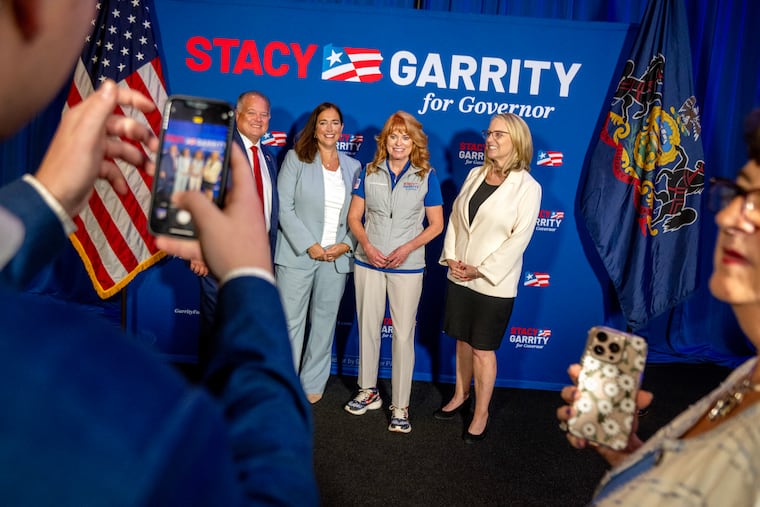 State Treasurer and Republican candidate for governor Stacy Garrity poses with Bucks County elected officers following her campaign rally Sept. 25, 2025 at the Newtown Sports & Events Center. From left: Bucks County Sheriff Fred Harran; Bucks County District Attorney Jennifer Schorn; Garrity; and Pamela Van Blunk, Bucks County Controller.