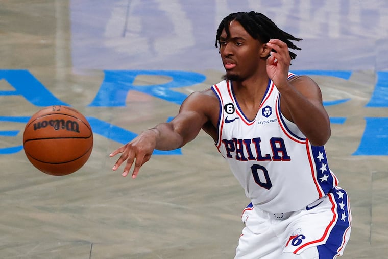 Sixers guard Tyrese Maxey passes the basketball against the Brooklyn Nets during Game 4 of the first round Eastern Conference playoffs on Saturday, April 22, 2023 in New York.