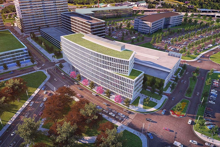 Overhead rendering of the planned development around the site of Subaru of America in Camden, with Subaru being the building in the upper right-hand corner.
