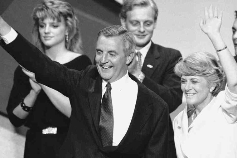 July 1984: Democratic presidential nominee Walter Mondale (center)and his running mate, Geraldine Ferraro (right) wave from the podium at the conclusion of the Democratic National Convention in San Francisco. - EDITORIAL: Page 23.