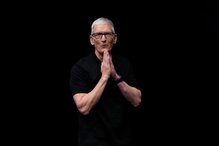Apple CEO Tim Cook speaks on stage during an announcement of new products at Apple Park in Cupertino, Calif., Sept. 9, 2025. He will step down as CEO on Sept. 1.