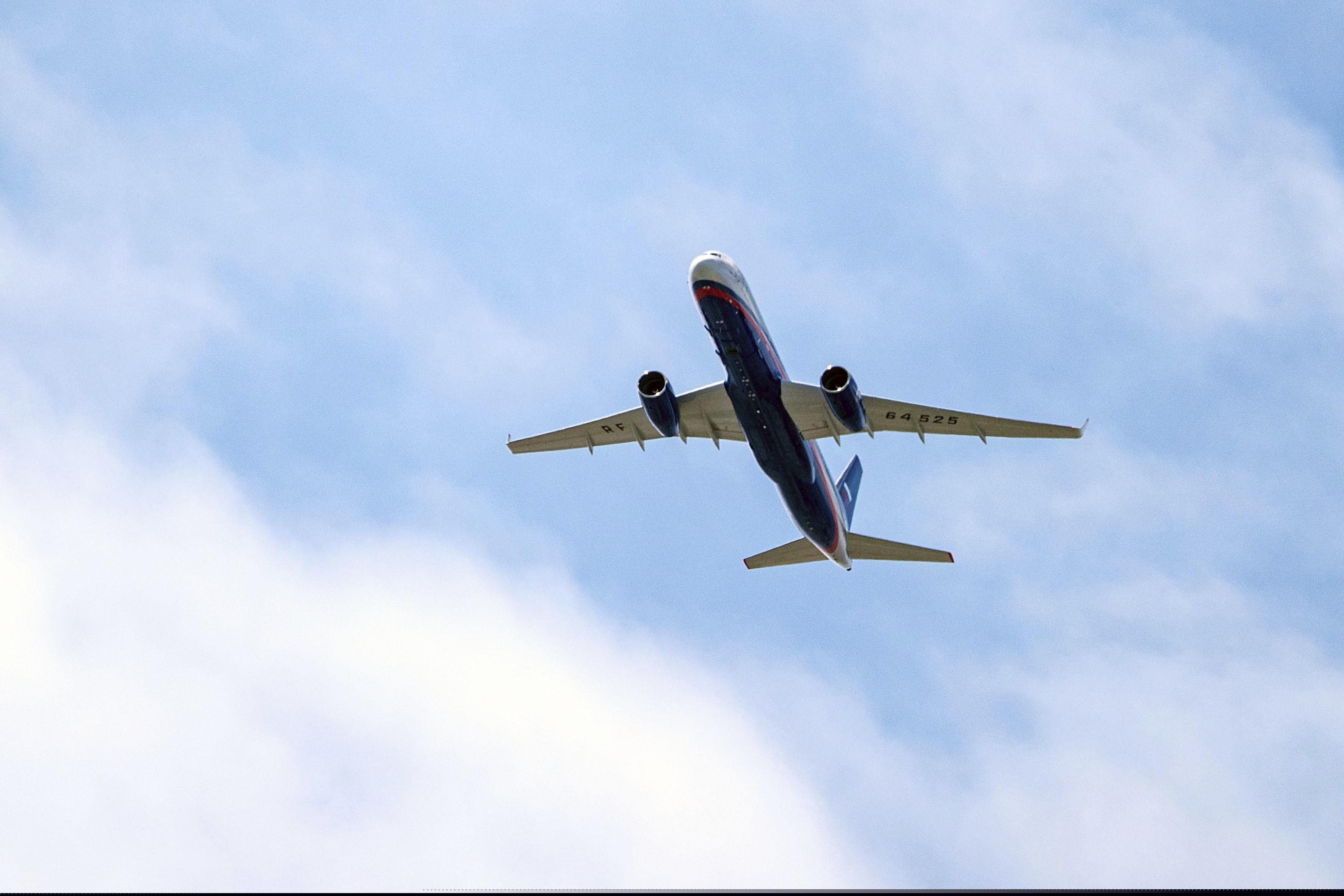 A Russian Air Force Tu-214 flying over Offutt Air Force Base in Omaha, Neb., in April 2019.