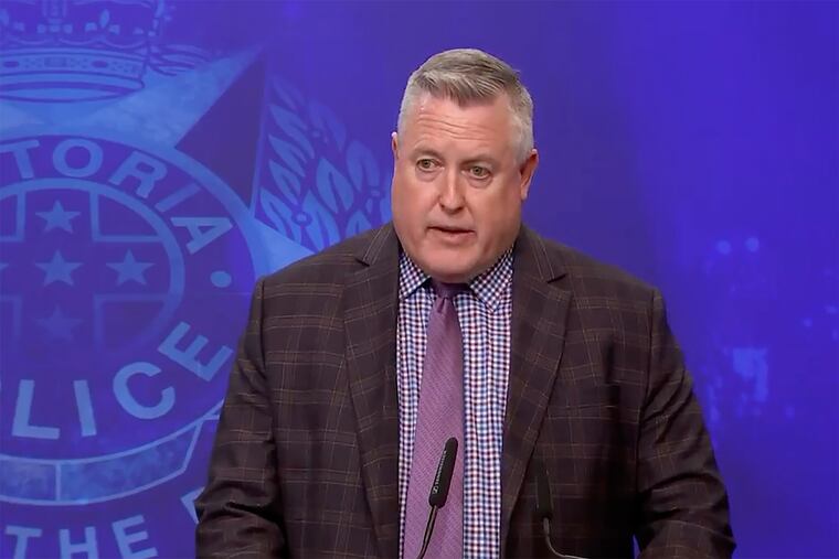In this image from a video, Victoria Police Det. Inspector Dean Thomas speaks during a press conference in Melbourne on Monday. Australian police on Wednesday were trying to figure out how three people died and a fourth became critically ill after apparently eating wild mushrooms at a family lunch.