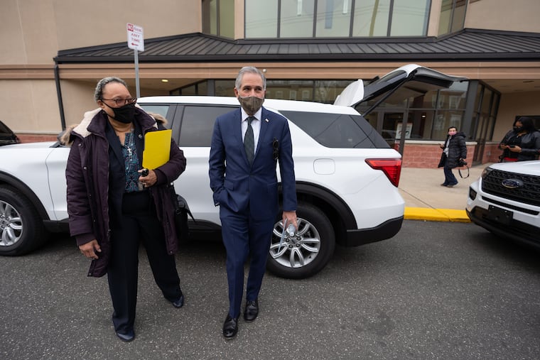 Dr. Rev. Myra Maxwell, director of CARES (Crisis Assistance Response and Engagement for Survivors of Homicide) and District Attorney Larry Krasner after at a news conference about a program aimed to support families impacted by homicide, at the Church of Christian Compassion, in Philadelphia, January 11, 2021.