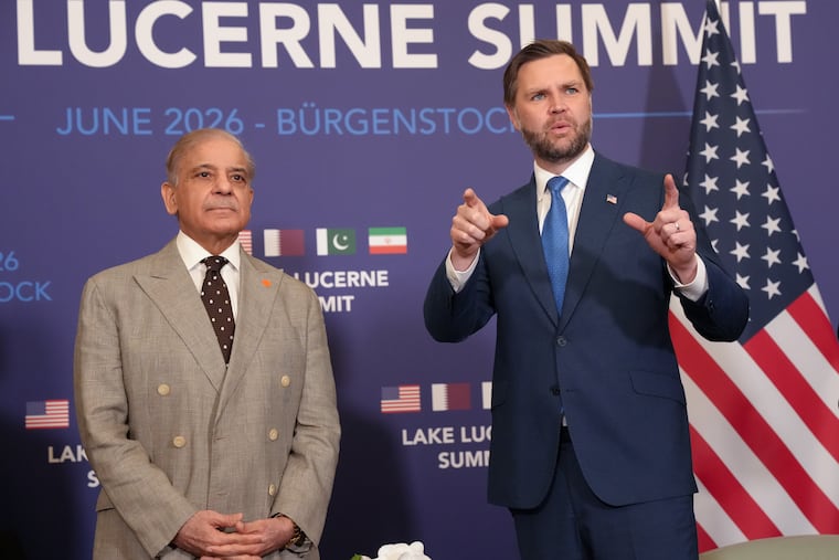 U.S. Vice President JD Vance (right) meets with Pakistan's Prime Minister Shehbaz Sharif during high-level talks aimed at advancing a deal to end the Middle East conflict, at the Bürgenstock Resort in Obbuergen, near Lucerne, in Switzerland, Sunday, June 21, 2026.