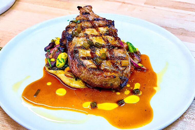 Grilled pork chop with mushroom succotash and corn puree at Southwark, Fourth and Bainbridge Streets.