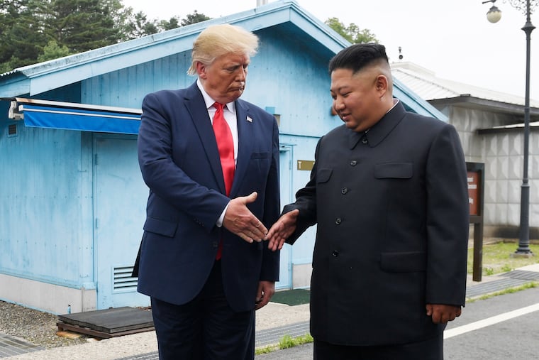 In this June 30, 2019, file photo, U.S. President Donald Trump meets with North Korean leader Kim Jong Un at the border village of Panmunjom in the Demilitarized Zone, South Korea.