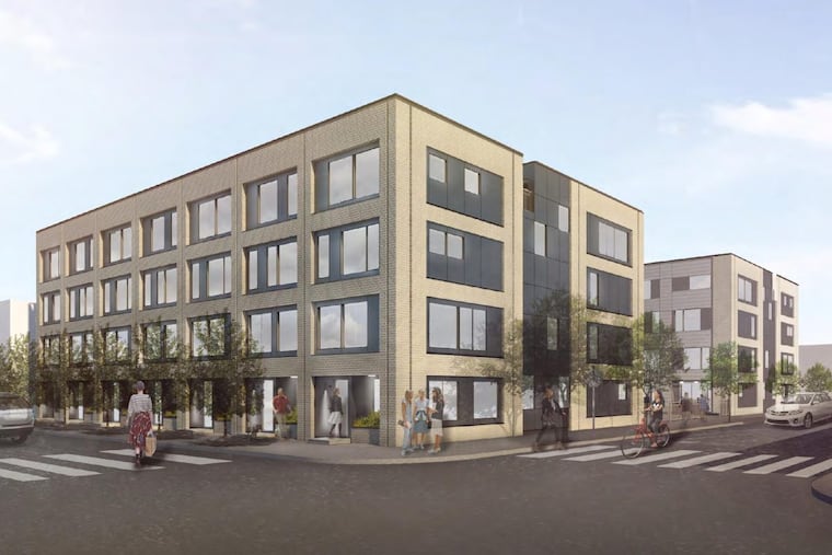 Artist's rendering of triplex development planned for 2601-15 Emerald St. in Kensington, as seen from the corner of Emerald and Huntingdon Streets.
