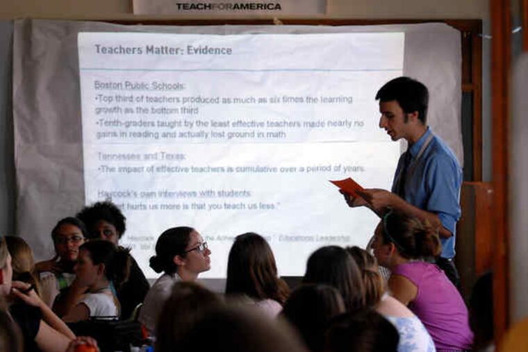 Teach for America's first day of lessons. Vincent Capone stands to read. The training course lasts five weeks.