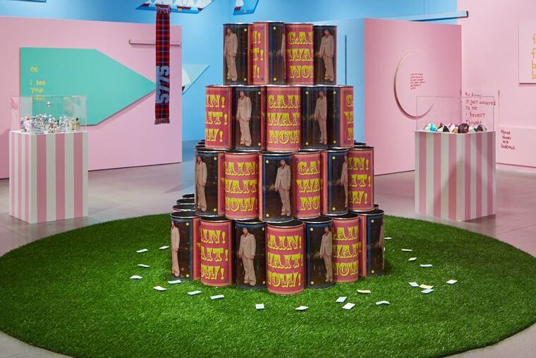 Carey Leibowitz’s ‘Gain Wait Now!’ waste baskets, part of a retrospective at ICA.