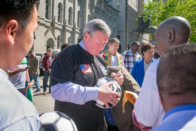 Mayor Kenney’s International Unity Cup begins in September and will include teams representing 32 nations. Daniel Perez (left) represents Mexico and Samba Sow (right) Senegal.