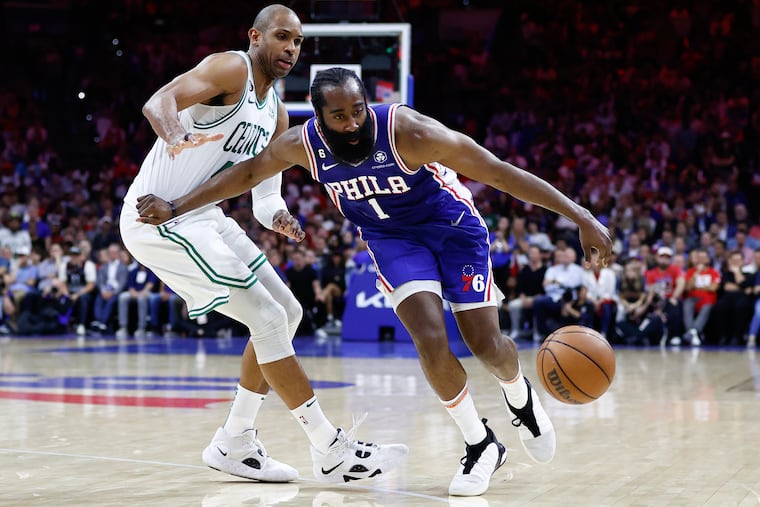 Sixers guard James Harden and Celtics center Al Horford during Game 6 of the Eastern Conference semifinals on May 11.
