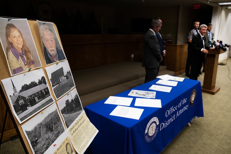 A photo of a victim and her killer are shown during District Attorney’s Jack Stollsteimer press conference on Monday, announcing the arrest of David Zandstra of Marietta, Ga., in connection with the 1975 killing of Gretchen Harrington.