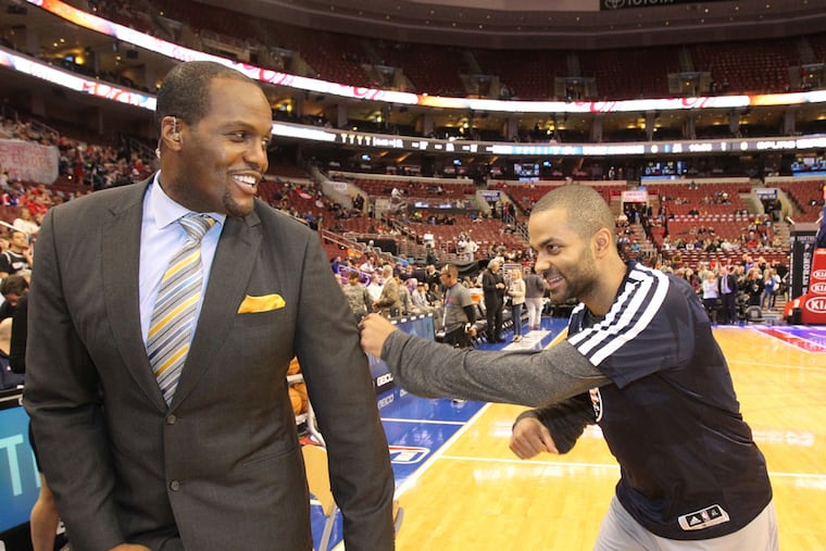 Tony Parker of the Spurs clowns around and does a little shadow boxing with former teammate and current Sixers broadcaster Malik Rose as he greeted him before the game. Rose won two NBA titles with Parker and the Spurs.