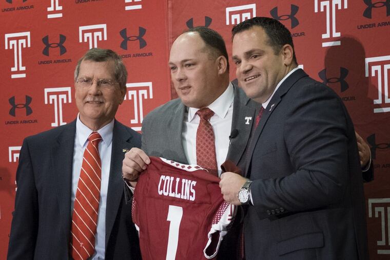 Wednesday December 14 2016 Temple Owls introduce Geoff Collins as their new head football coach at a morning press conference held at the Liacouras Center. Here, New Temple football coach Geoff Collins ,center, stands between university president Richard Englert left,and athletic director Pat Kraft who presented him with a team jersey bearing his name ED HILLE / Staff Photographer