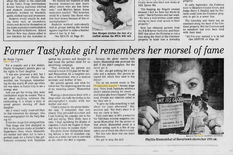 Phyllis Blumenthal of Havertown shows her 1931 ad.