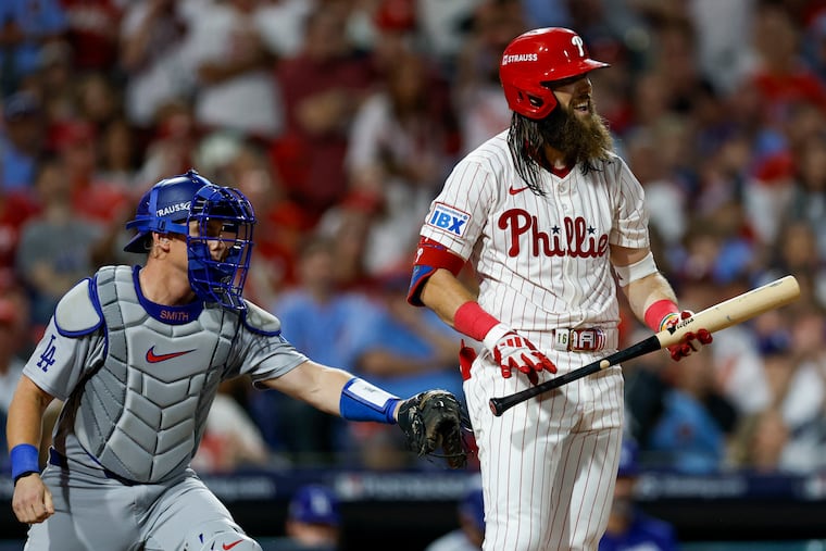 The Phillies' Brandon Marsh strikes out swinging in the sixth inning of Game 1 of the NLDS on Saturday.