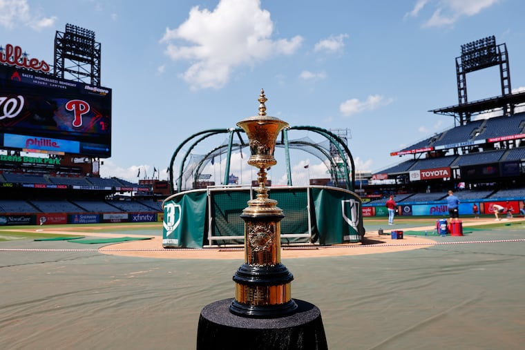 The Havemeyer Trophy on display before the Phillies and Washington Nationals game on Aug. 6. The U.S. Amateur will be held at Merion Golf Club from August 10-16.