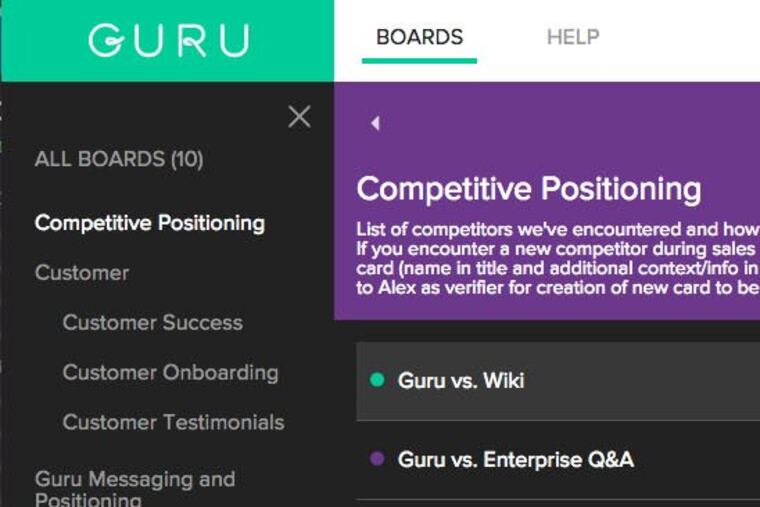 A screenshot of Guru's boards. The platform helps disseminate information across different groups in an organization.